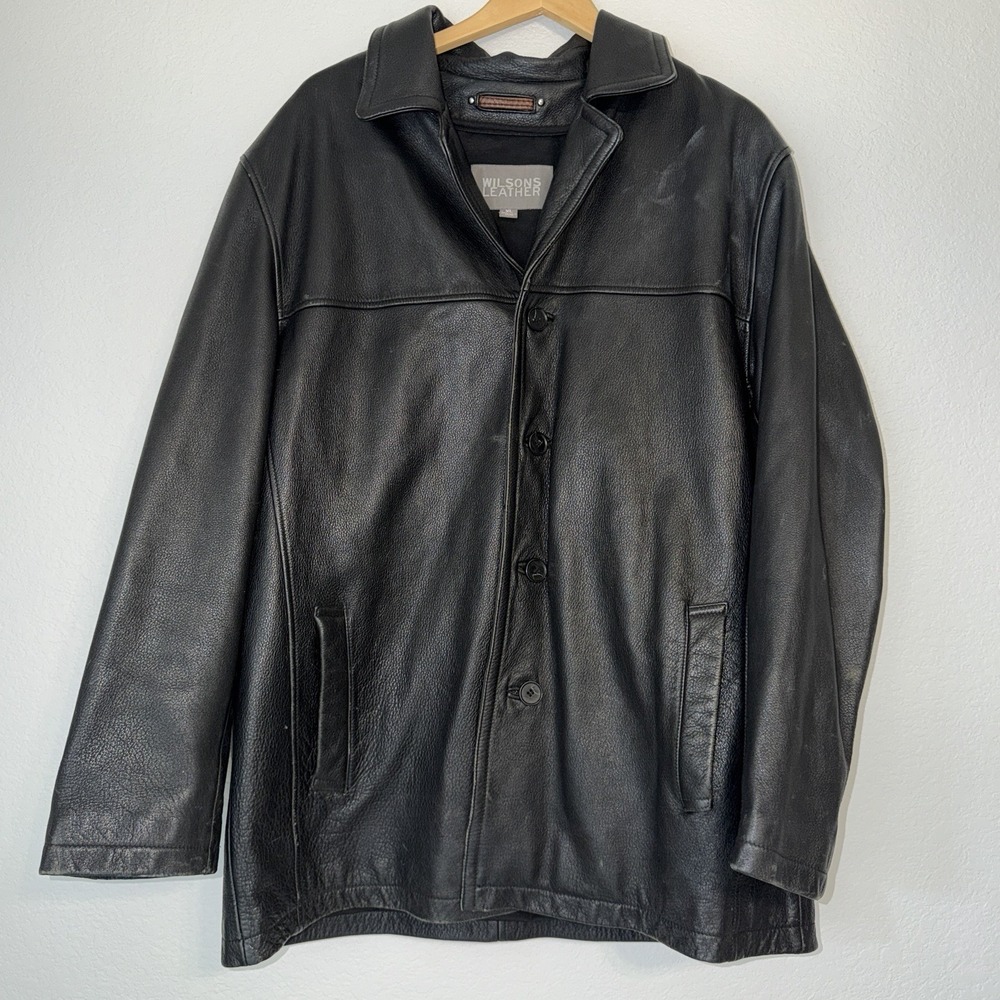 Wilsons Leather Mens XL Black Genuine Leather Button Front Jacket Coat Classic